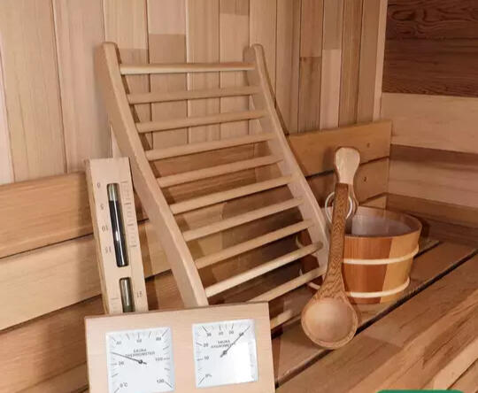 Enjoy all the traditional sauna accessories; sand timer, water Ladell, hot stones, thermometer & even an aromatherapy bowl you c